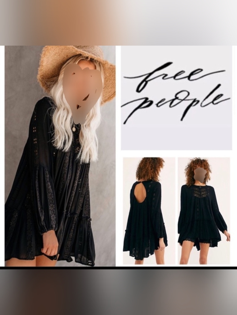 Free People Black Boho Lace-Trim Swing Dress